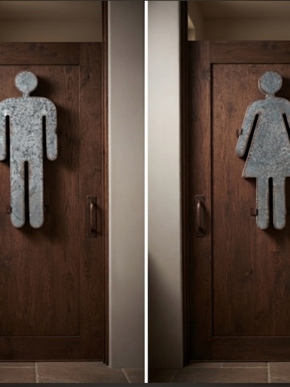 NEW!! Metal HIS AND HERS Restroom/ BATHROOM DOOR HANGERS Wall Plaque Silver